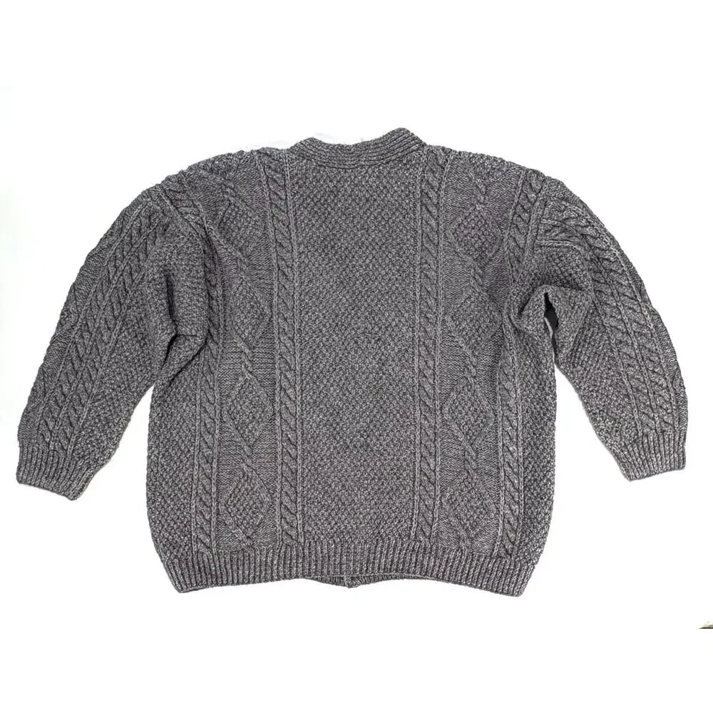 Gray Cardigan Sweater Unisex XXL V-Neck Wool Blend Grandpa Preppy Cable Knit
